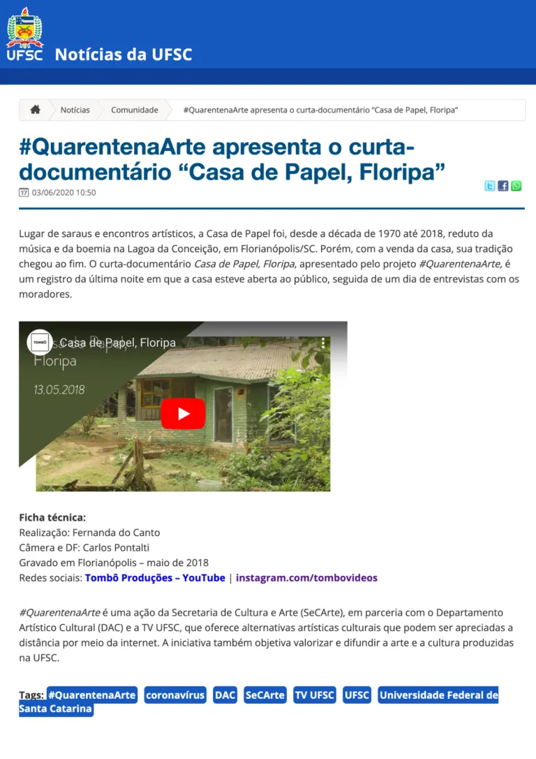 Divulgação no portal de notícias da UFSC
