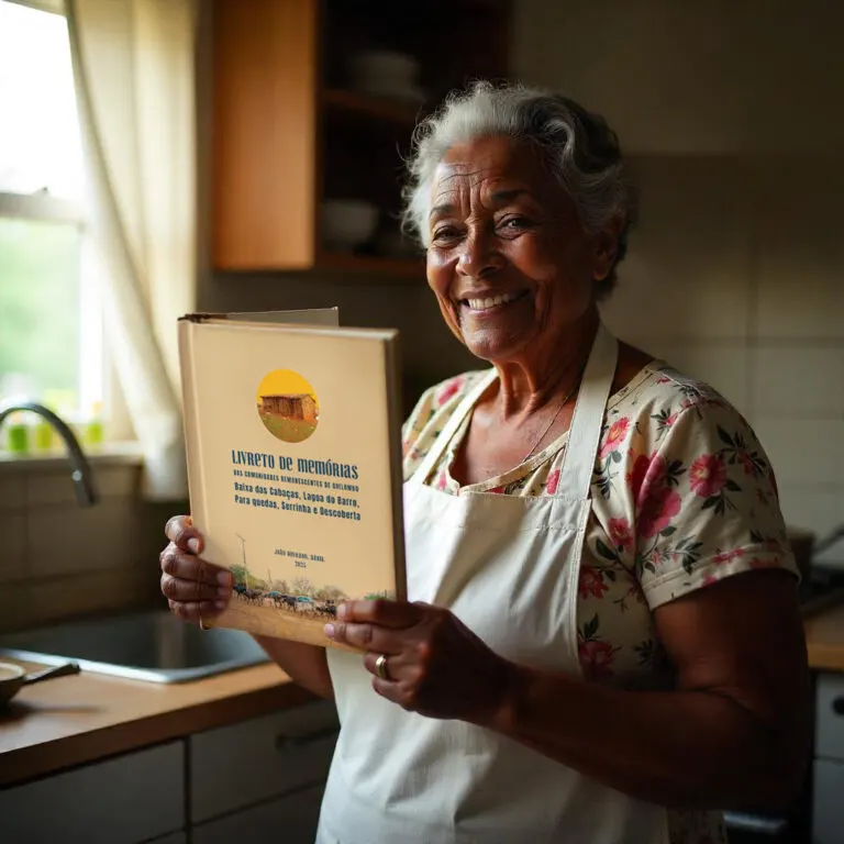 Livreto de memórias das comunidades quilombolas aberto sobre a mesa