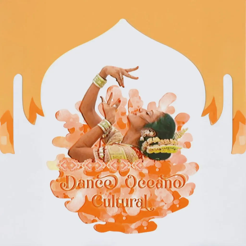 Cartaz do projeto Dança Oceano Cultural, com uma bailarina entre ondas alaranjadas